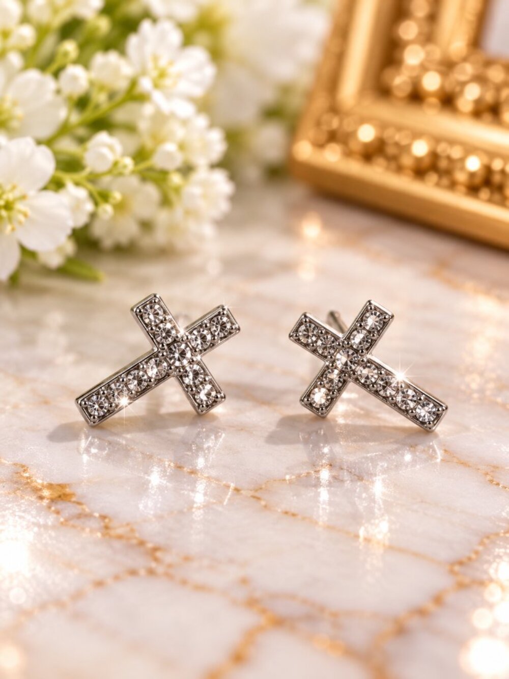 Silver Crystal Cross Stud Earrings Sparkling Rhinestone Religious Women Jewelry